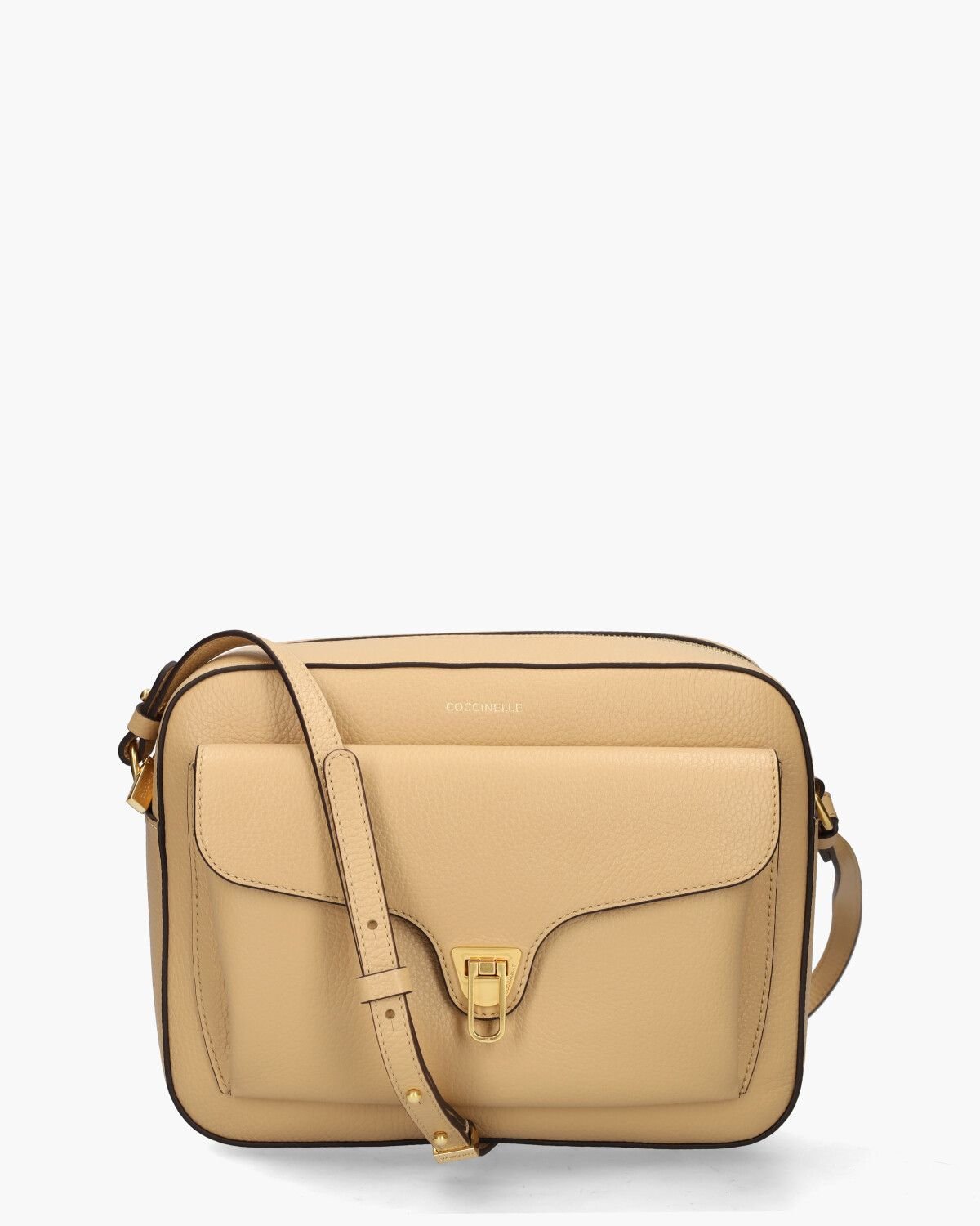 Leren Schoudertas met Voorvak Coccinelle , Beige , Dames