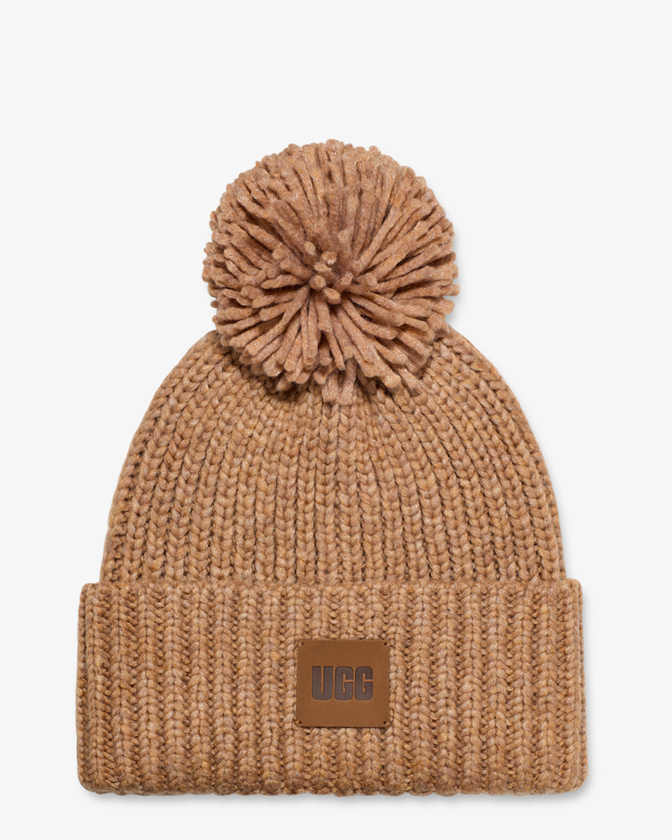 UGG W Chunky Rib Knit Beanie W Pom Dames Muts - Cognac - Maat One Size