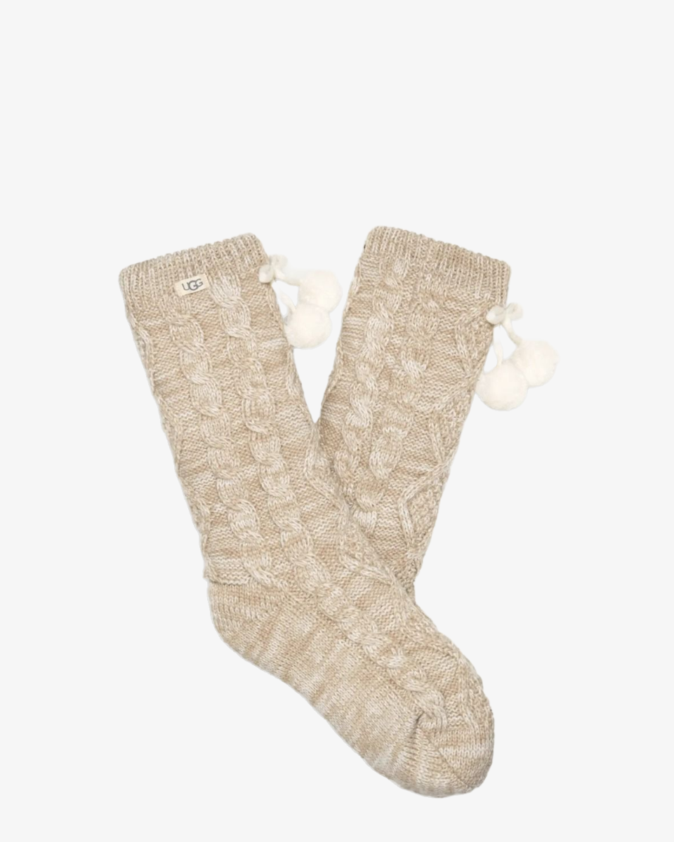Pom Pom Fleece Lined Crew Socks Cream Damessokken