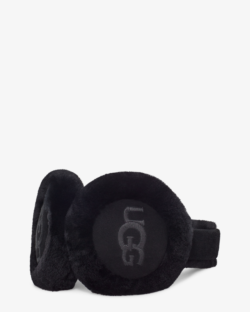 Sheepskin Embroidery Earmuff Black Dames Oorwarmers