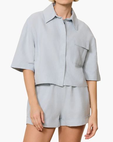 Lune Clover Linen Blend Croppped Blouse Lichtblauw blouse