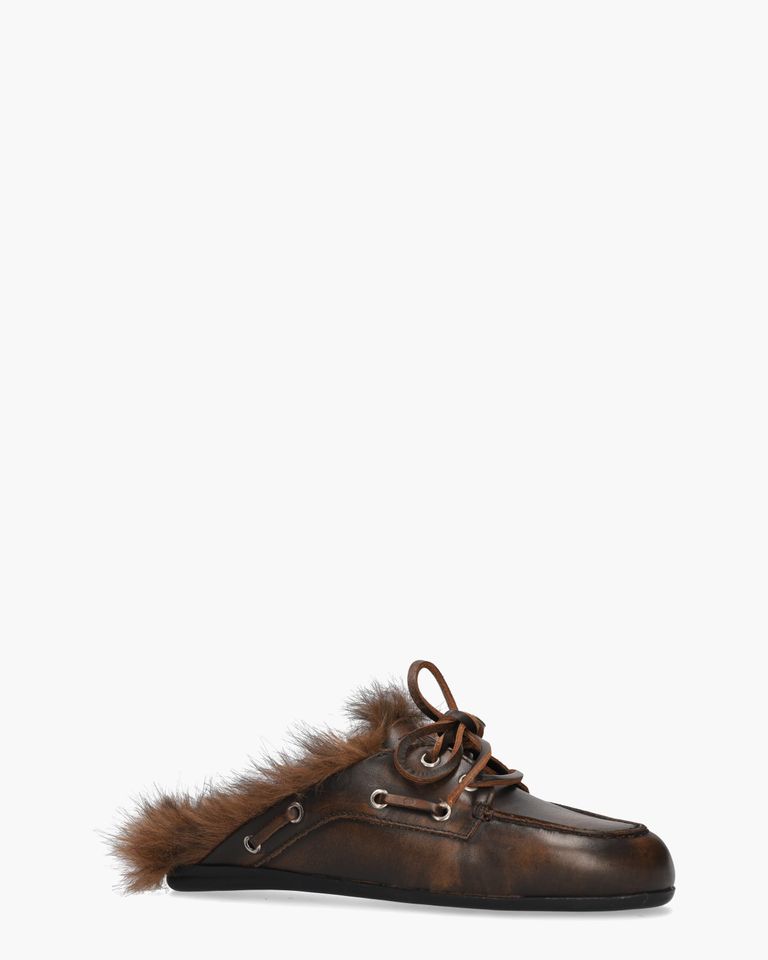 Boat Loafer Mule Hairy Fur Donkerbruin Damesslippers
