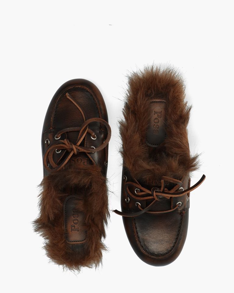Boat Loafer Mule Hairy Fur Donkerbruin Damesslippers