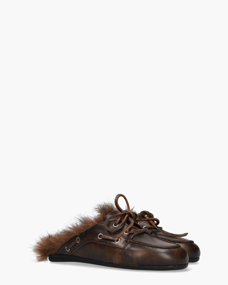 Boat Loafer Mule Hairy Fur Donkerbruin Damesslippers